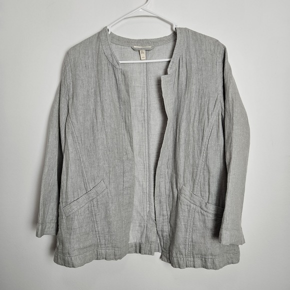 EILEEN FISHER Cardigan Sz M Open Jacket Organic Linen Cotton Pockets Gauze Gray - Picture 1 of 7